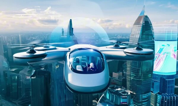 futuristic roto passenger drone flying in the sky over city for future air transportation and robotaxi concept