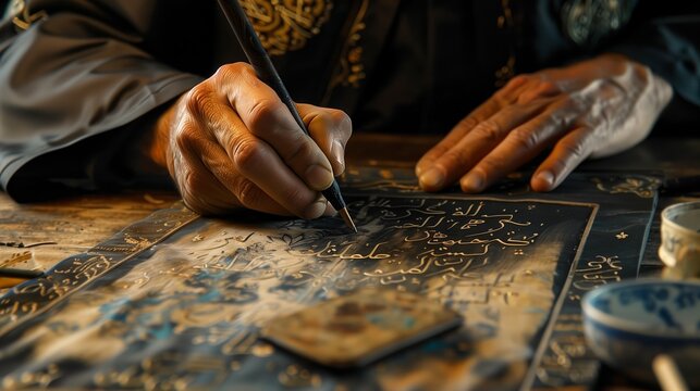 A master calligrapher crafts wisdom and tradition on aged parchment, preserving ancient art with elegance.