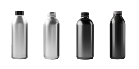 3D rendering of three different metal and plastic bottles  isolated on a white background