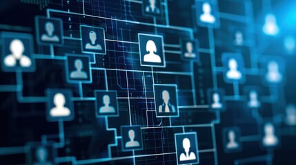 Organization chart with hierarchy structure of teams and employees in company. Business process and workflow automation with flowchart. Business and technology concept.