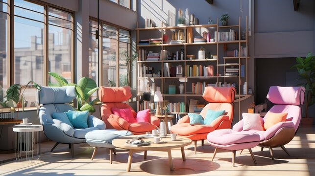 Varied seating options such as bean bags and standing desks, catering to diverse work preferences and postures. Painting Illustration style, Minimal and Simple,