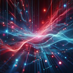 Obraz premium Abstract futuristic background with red blue glowing neon moving high speed wave lines and bokeh lights. Data transfer concept Fantastic wallpaper. Generative AI