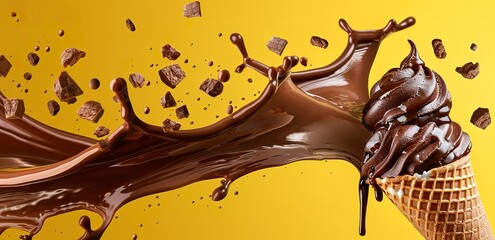 A chocolate ice cream and splashes of liquid on a yellow background