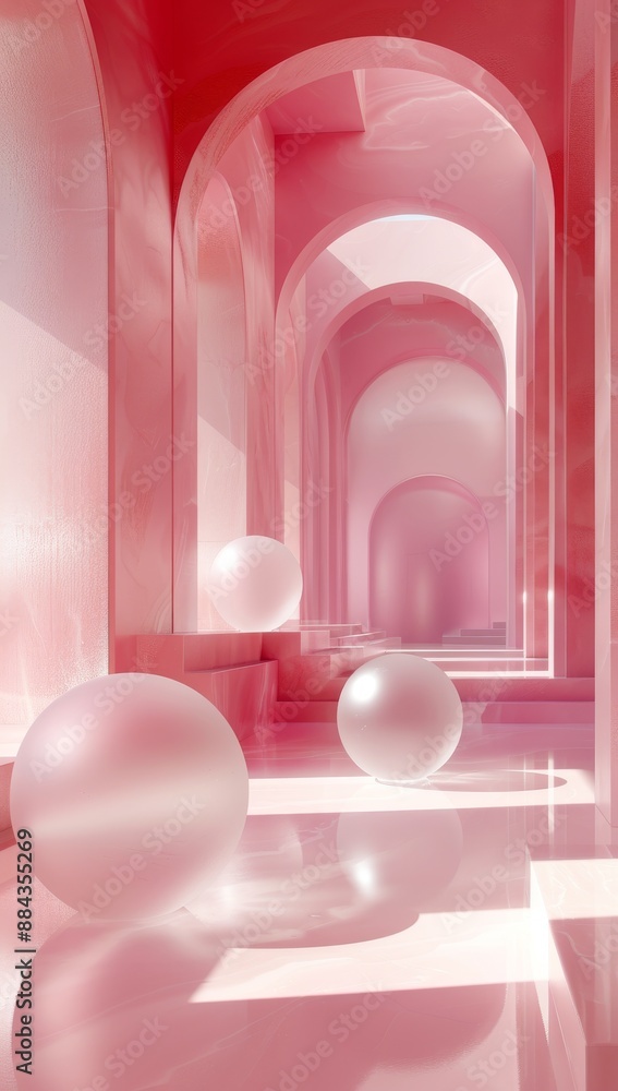 Poster minimalistic modern pink hallway with arches and spheres creating an elegant abstract architectural 