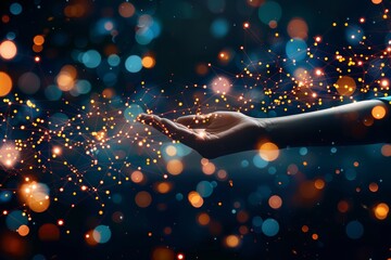 Human and robotic hands reaching across glowing data streams in digital network connection