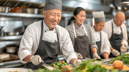 Asian American Chef Leads Diverse Team in Bustling Restaurant Kitchen