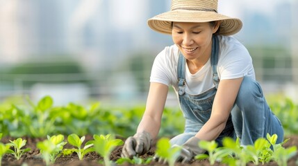 Asian American Farmer Tending Lush Urban Community Garden with City Skyline