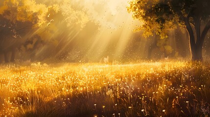 Obraz premium Sunlit meadow with golden hues, providing a warm and inviting background for various projects. 