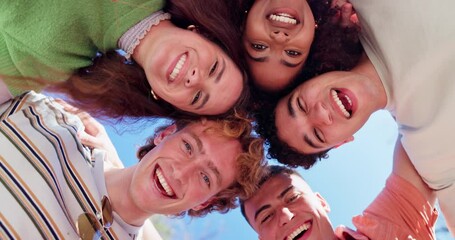 Friends, happy and huddle in circle with low angle as group of people for social, summer or bonding. Students, funny and solidarity together for USA holiday, community or celebration in neighbourhood