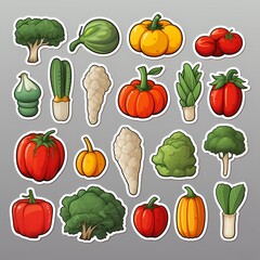 Colorful vegetable stickers for educational materials, marketing, packaging, and product branding.
