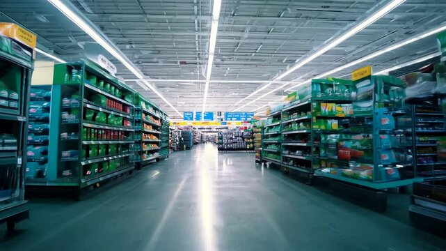 Many different products on supermarket shelfs. Grocery store aisle. Lots of food goods at market. Fresh meals buying at hypermarket. No people. Retail sale. Merchandise assortment. People buy stuff.