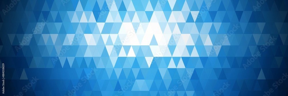 Poster shimmering pixel triangles on deep blue gradient, forming captivating geometric pattern