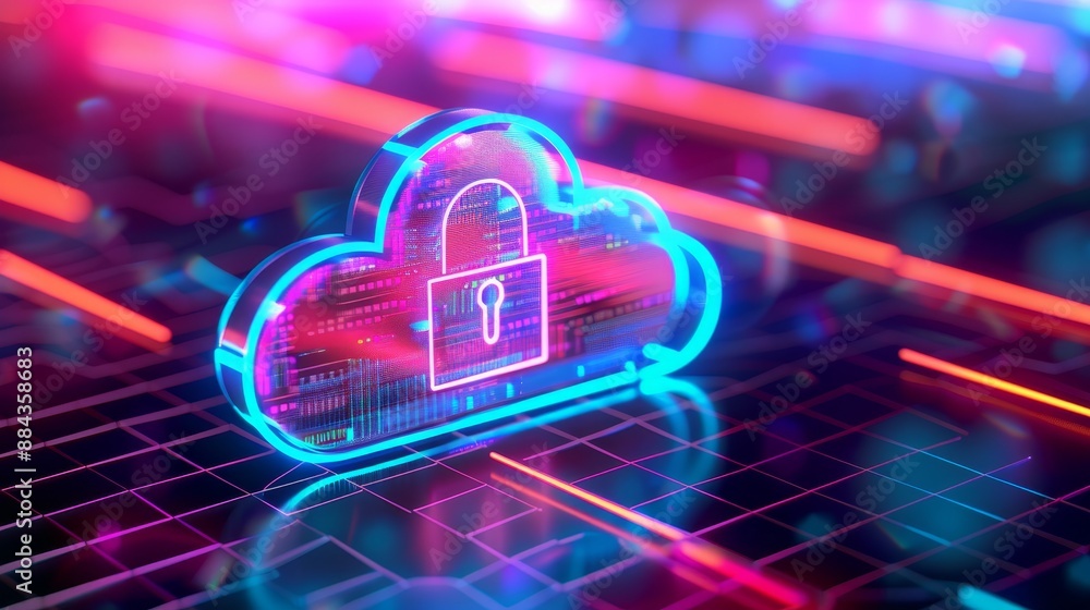 Poster lock icon in translucent cloud on neon grid background for digital security concept
