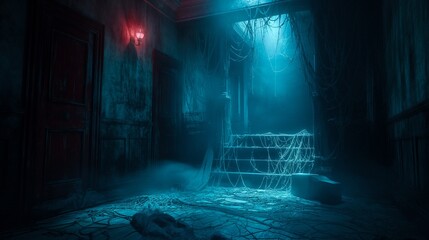 A spooky haunted house interior scene with dim lighting, cobwebs, and an eerie atmosphere perfect for Halloween