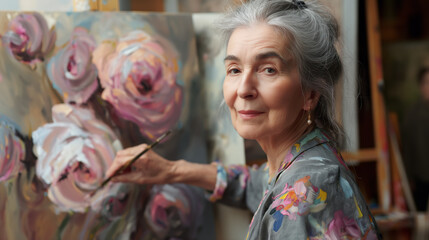 Fototapeta premium Old woman drawing.