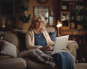 Obraz premium Middle aged woman. Freelancer works from home using a laptop