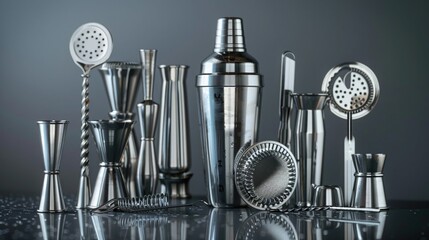 A collection of high-end bar tools, including a shaker and strainer, arranged on a polished surface.