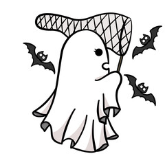 Fototapeta premium Cute cartoon ghost catch a bat in Halloween illustration 
