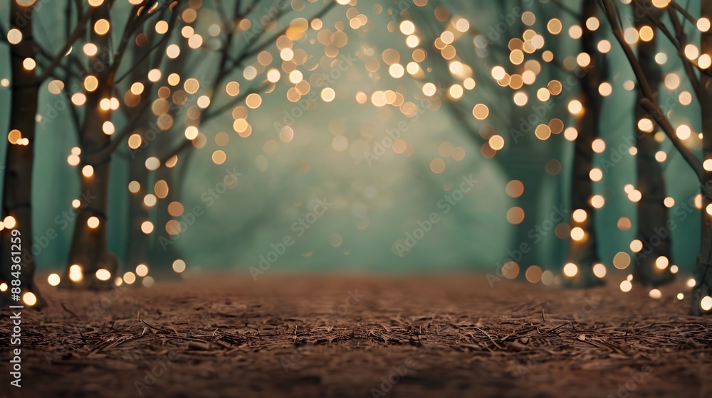 Poster a forest scene with trees lit up with lights