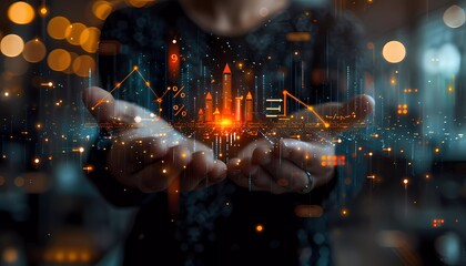 Fototapeta premium Next-gen AI for Financial Growth Strategies, futuristic approach to financial growth strategies using AI, businessman holding up arrow icon and percentage symbols, investment growth
