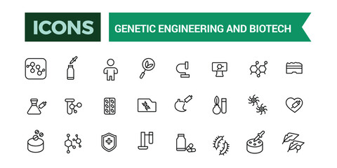 Genetic engineering and biotech icons collection. Outline icons pack. Editable vector line icon set and illustration for web and UI application.