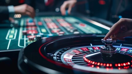 Obraz premium Virtual roulette table with players placing bets, digital odds displayed on screen, immersive online casino environment promoting the thrill of gambling