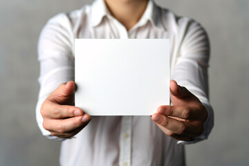 Man in white shirt holding a blank white card towards the camera, inviting for customization