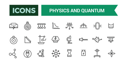 Physics and Quantum icons set. Outline icons pack. Editable vector line icon set and illustration for web and UI application.