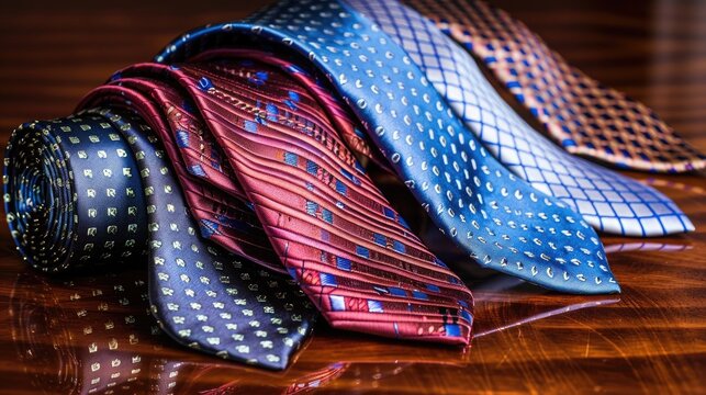 A collection of luxurious silk ties displayed on a polished wooden surface.