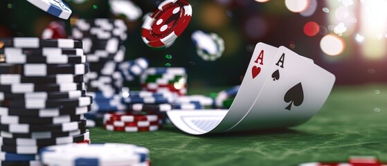 Engaging online poker advertisement, with a spotlight on Texas Hold'em gameplay, including cards, chips, and a thrilling bluffing scene