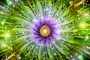 Vibrant purple sparkle particles burst forth in a mesmerizing abstract background, radiating energy and creativity with intricate, swirling patterns and iridescent shimmering effects.