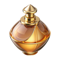 Opulent 3D vintage perfume bottle. Glass and gold luxury design on transparent background for elegant visual