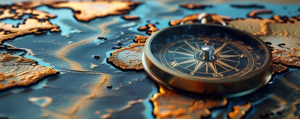 A black compass on a three-dimensional paper map