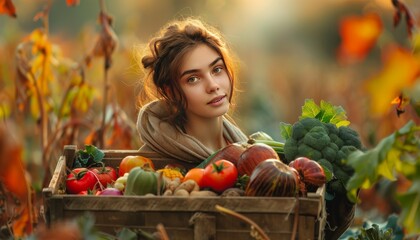 Ultra sharp photo of a woman with a wooden box brimming with autumn vegetables, symbolizing