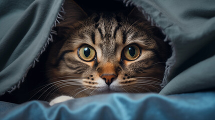 A cat peering out from a blanket