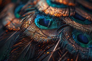 Naklejka premium Experience the mesmerizing beauty of peacock feathers in stunning 3D detail, showcasing their iridescence and intricate texture.