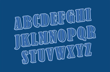 Fototapeta premium 3D Alphabets ABC IFC RAILROAD Blue Font, antique style font with neon green edges.