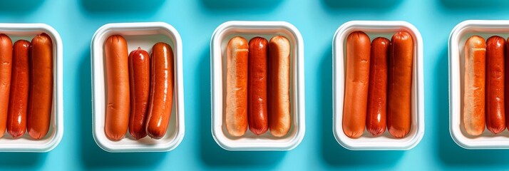 Ultra sharp photo of close-up hot dogs containers on blue background