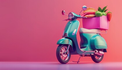 Ultra sharp photo 3D illustration banner highlighting food delivery via scooter, emphasizing speed