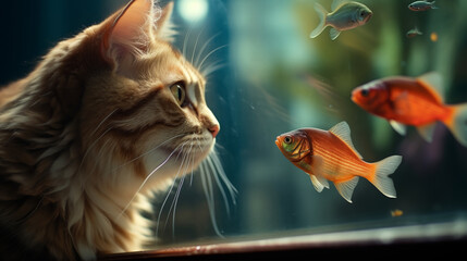A cat watching fish swim in jar