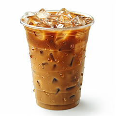 Clear plastic cup filled with iced coffee