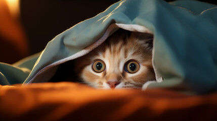 A kitten peeking out from under the sheet cover