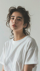 A striking portrait of a young Asian woman wearing an white t-shirt, exuding natural beauty and contemporary style.