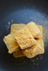 Delectable Japanese Traditional Confection Called Warabimochi Covered with Kinako Soybean Flour