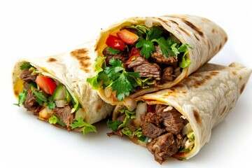 Burritos wraps with beef and vegetables on white background. Beef burrito, mexican food