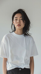 A striking portrait of a young Asian woman wearing an white t-shirt, exuding natural beauty and contemporary style.