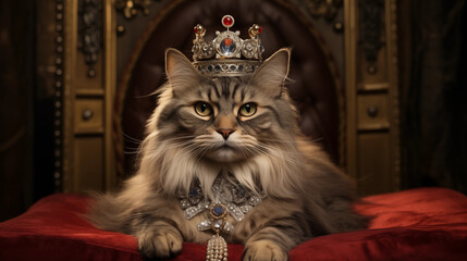 A regal looking cat wearing crown on their head
