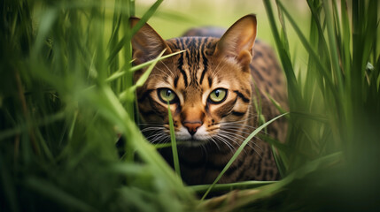 A sleek Bengal cat stalking