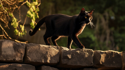 A sleek black cat walking ground
