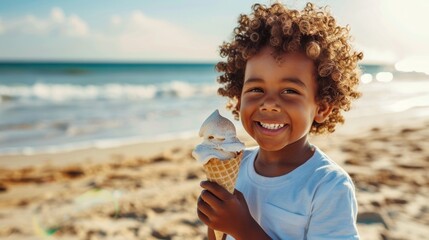 Happy African American boy eating ice cream on the beach, portrait of cute little kid with curly hair smiling and holding an ice cream cone, a summer day, sunny sky, copy space for text.